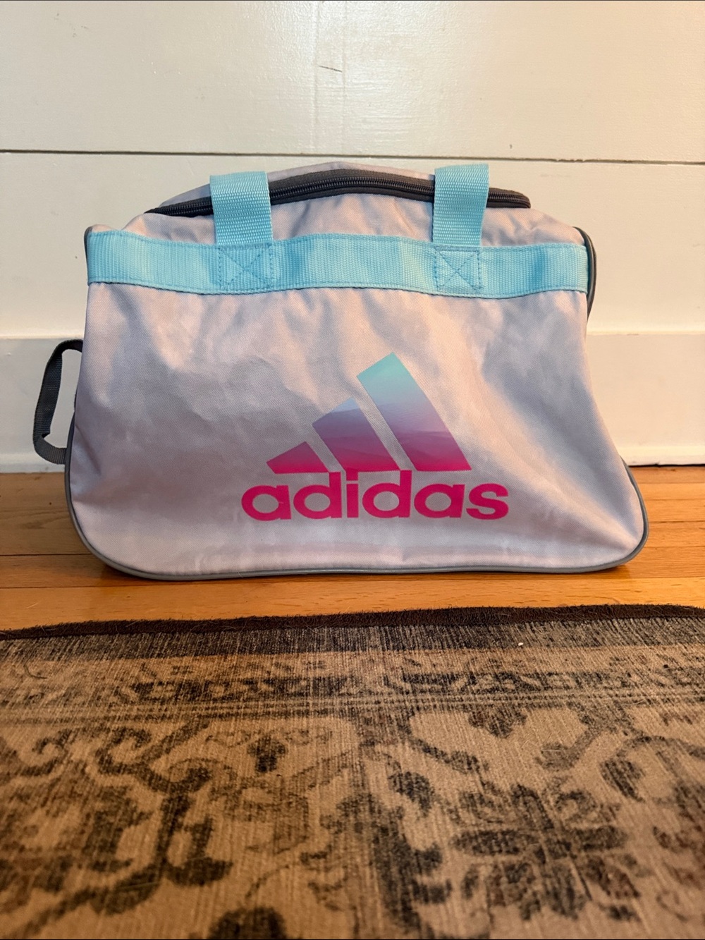adidas Light Blue and Pink Gradient Logo Travel Duffel